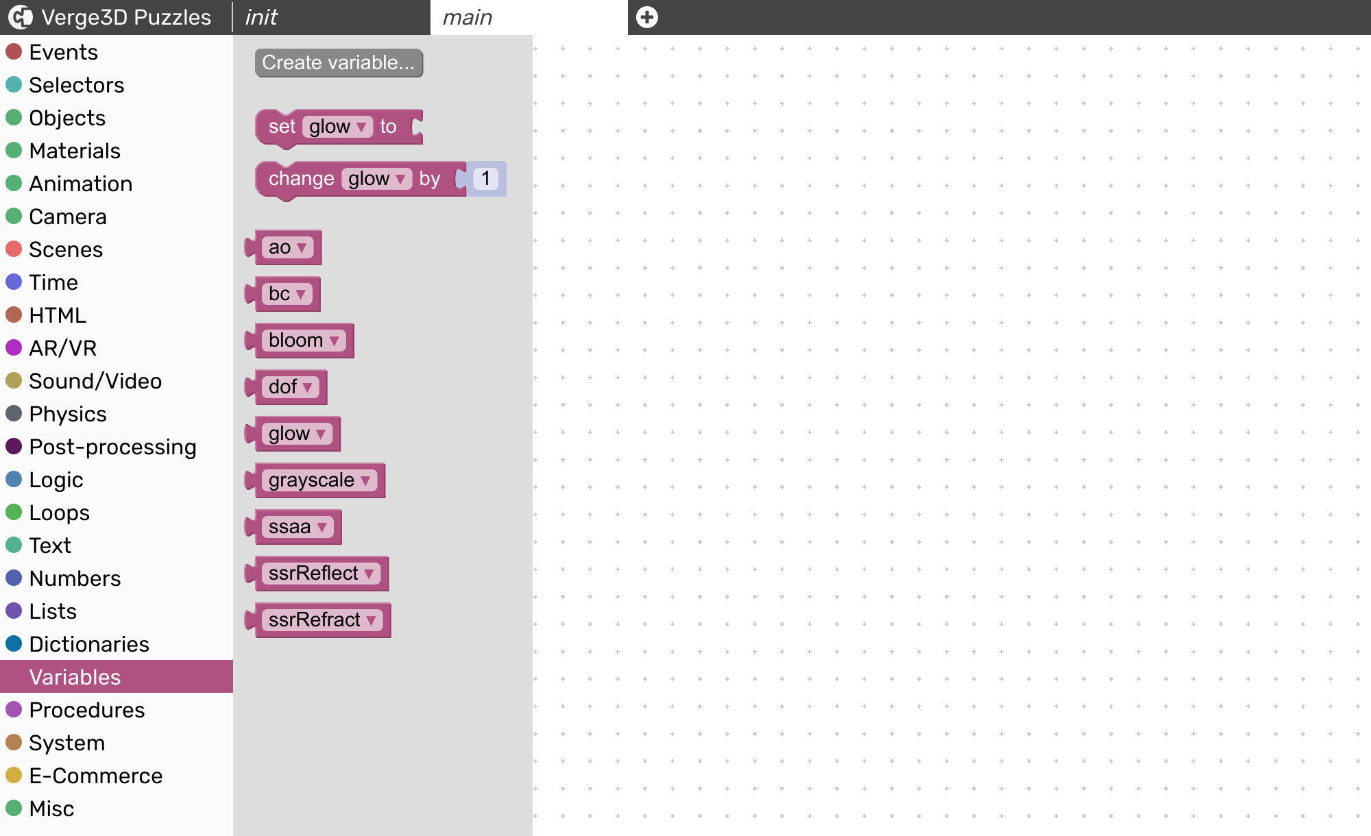 Creating a variable in visual programming editor