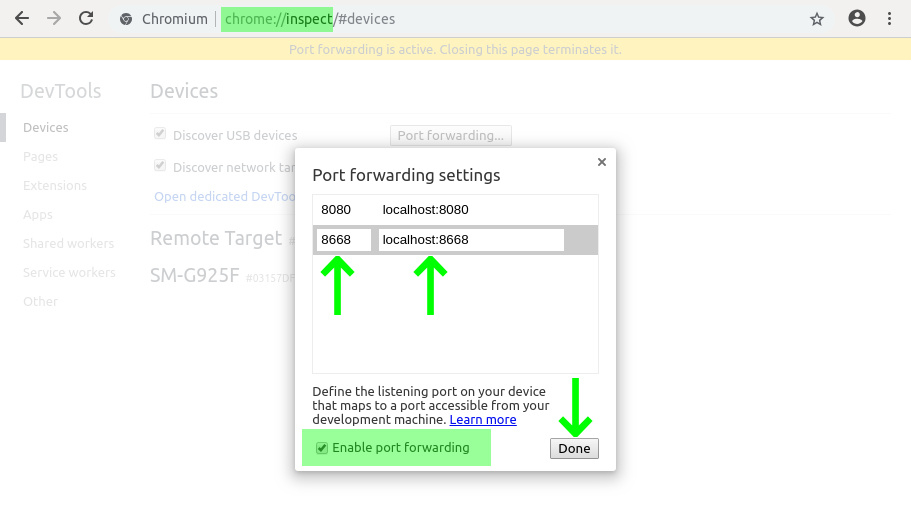 Enabling port forwarding in Chrome