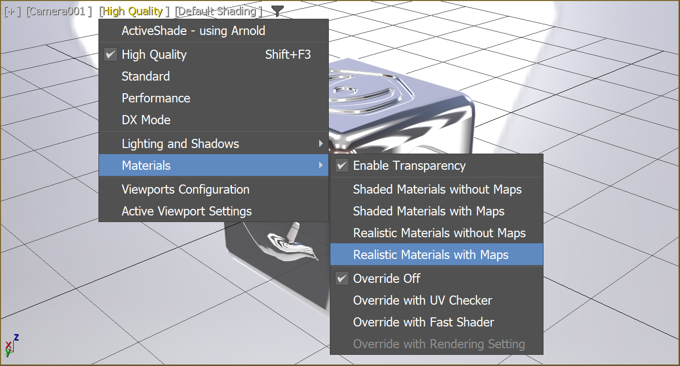 Enable realistic materials in 3ds Max viewport