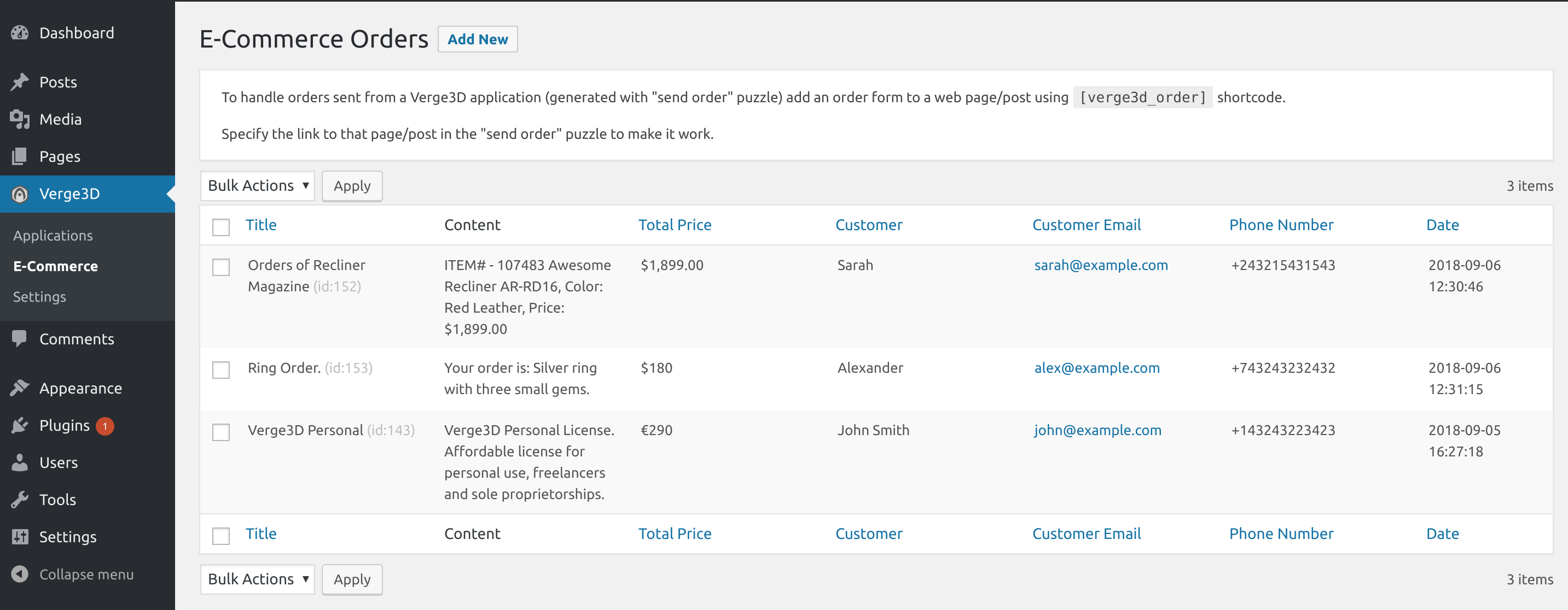 WordPress orders list