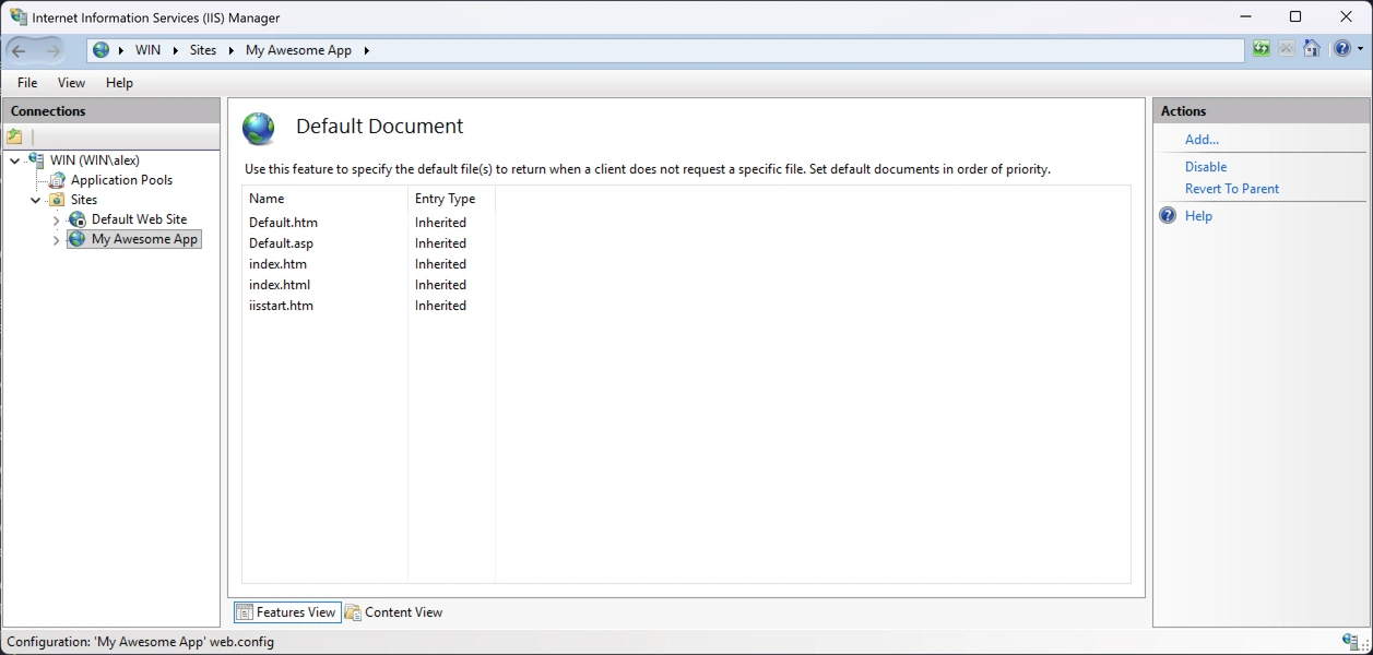 Default document settings in IIS