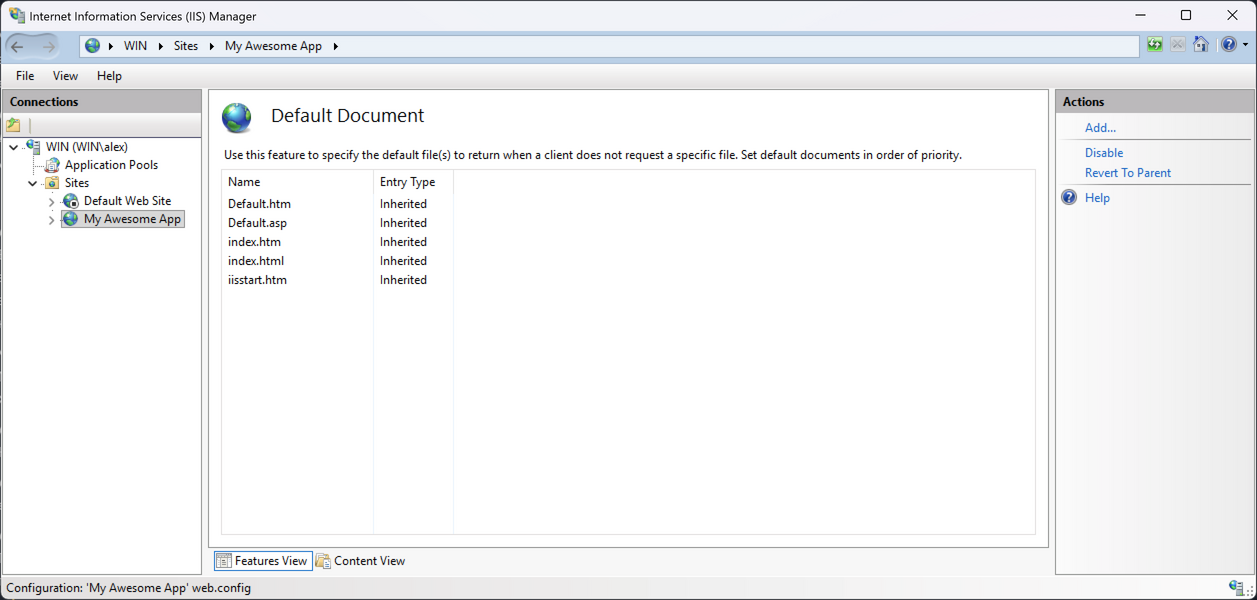 Default document settings in IIS