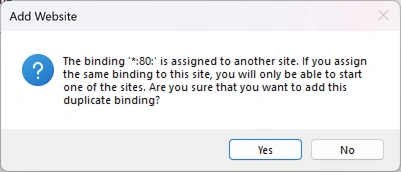 Binding already assigned error in IIS