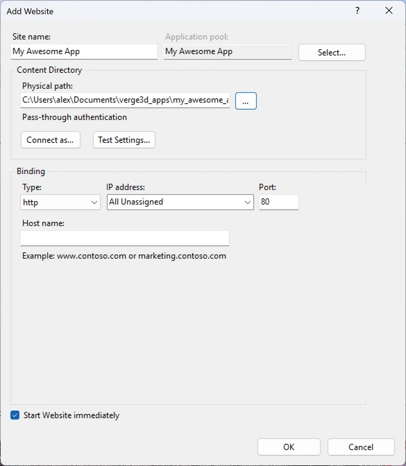 Add Website window in IIS