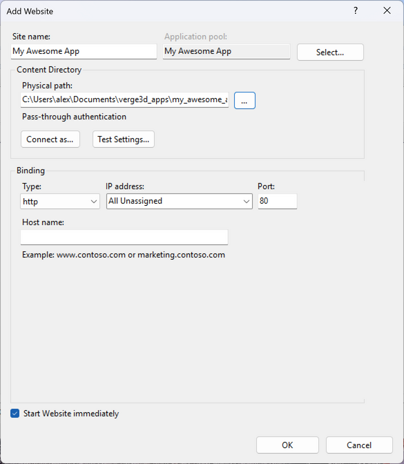 Add Website window in IIS