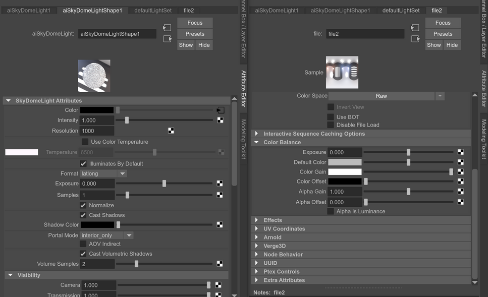 Environment lighting setup in Maya based on aiSkyDomeLight object