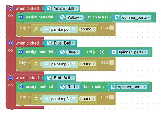 when clicked puzzle block used to assign material and start sound