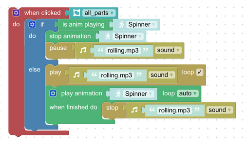 when clicked puzzle block used to start/stop object animation