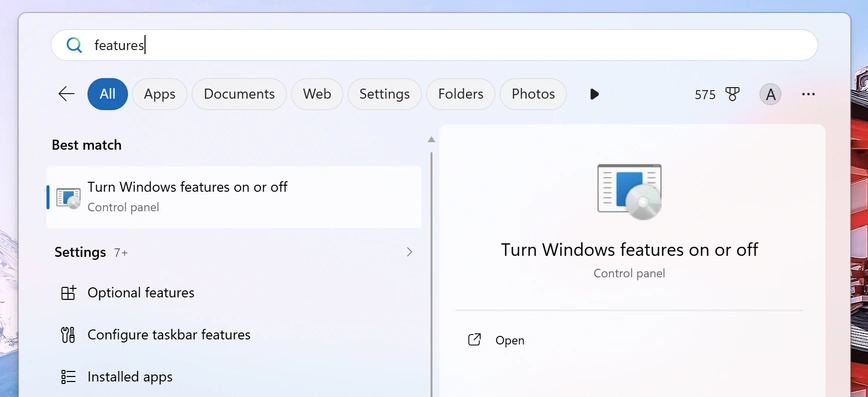 Turn Windows features on or off