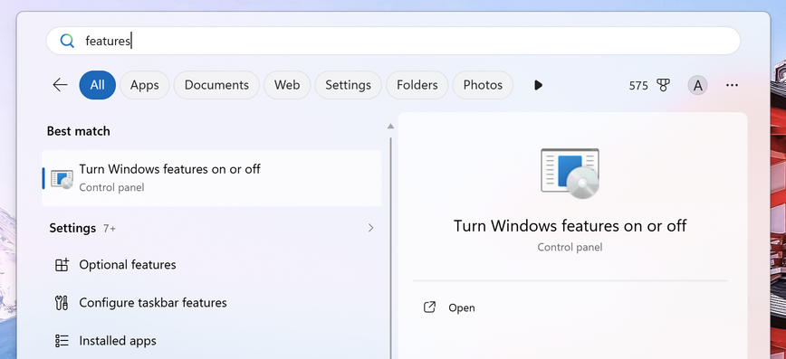 Turn Windows features on or off