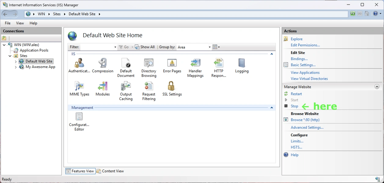 Stop default website in IIS