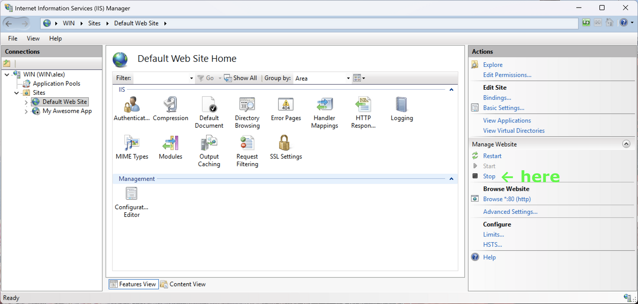 Stop default website in IIS