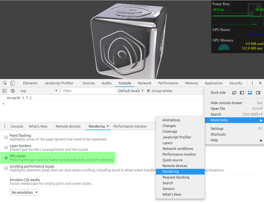 enabling FPS counter for WebGL profiling in Chrome