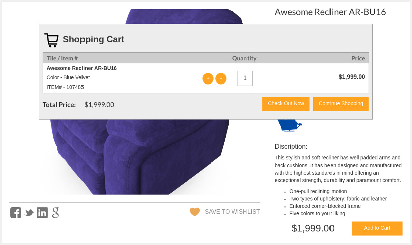 3D e-commerce website - shopping cart interface