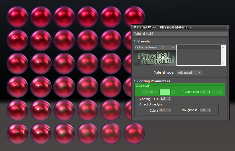 Coating parameters of the physical material map in 3ds Max