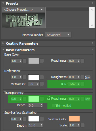 3ds Max: physical material transparency and reflection settings