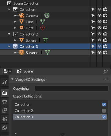 Settings for selecting which collections to export