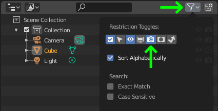 Blender 2.8: reveal renderability buttons in the Outliner