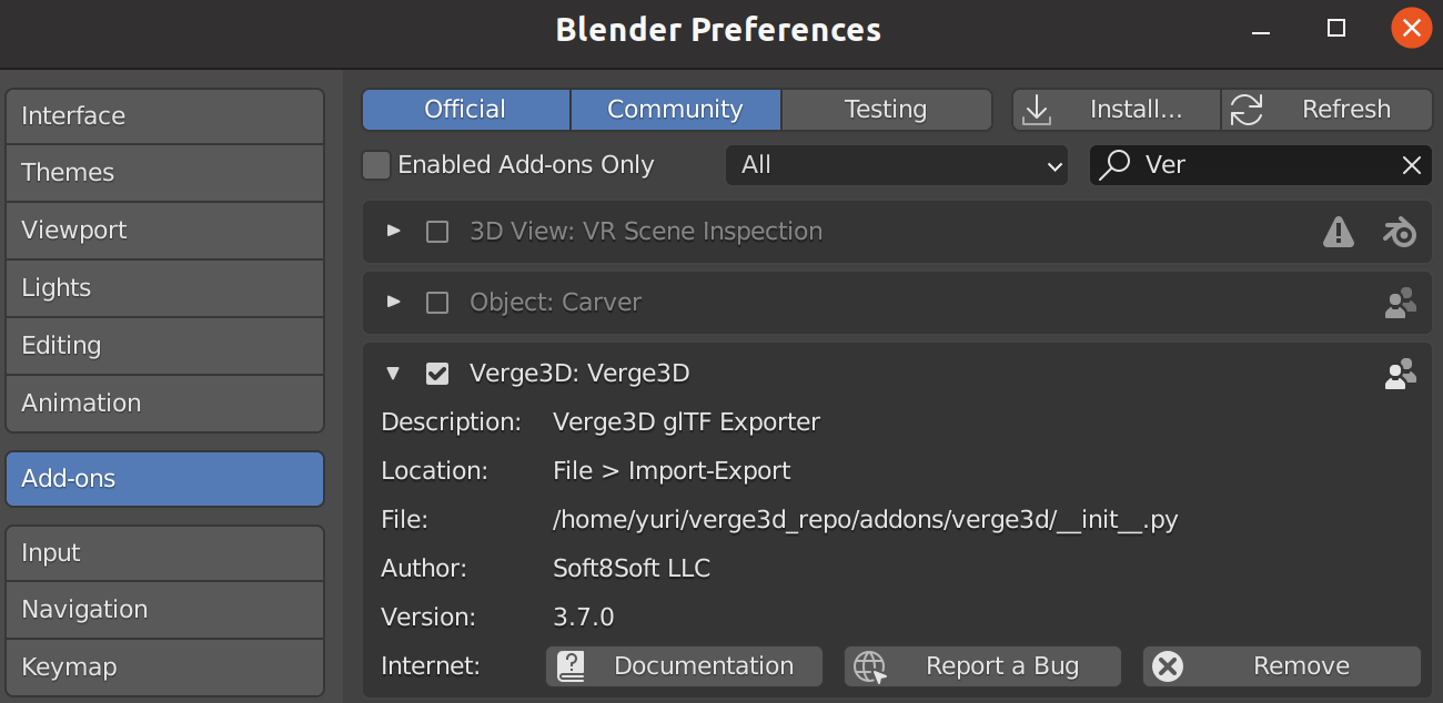 buttons on the Verge3D addon panel in Blender