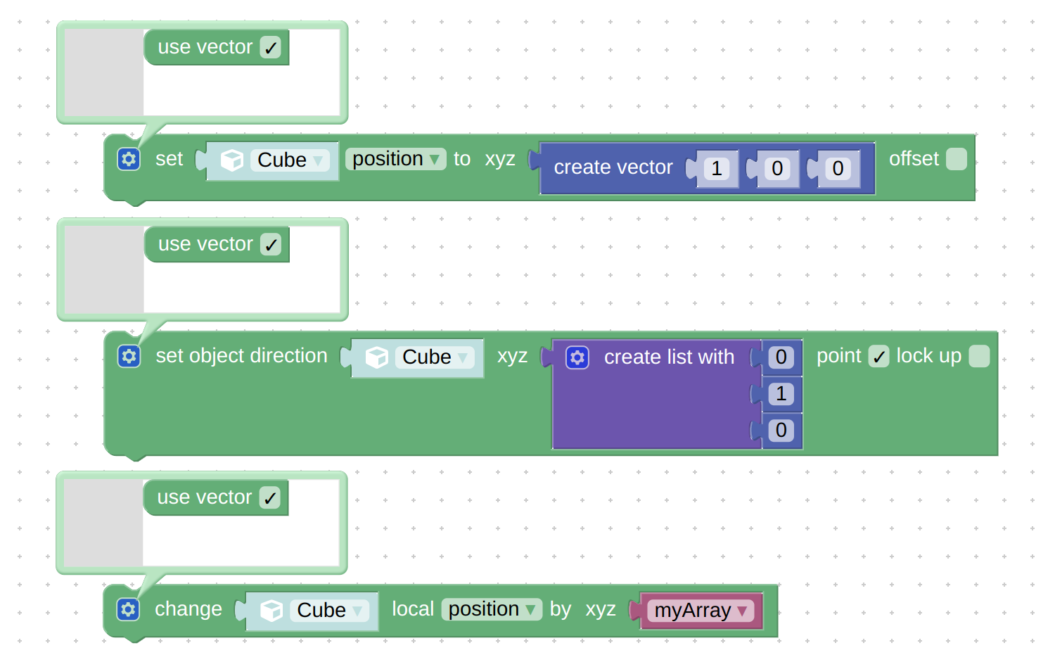 Puzzles set transform, set object direction, and change local transform now can accept Vector (or List) inputs as well.
