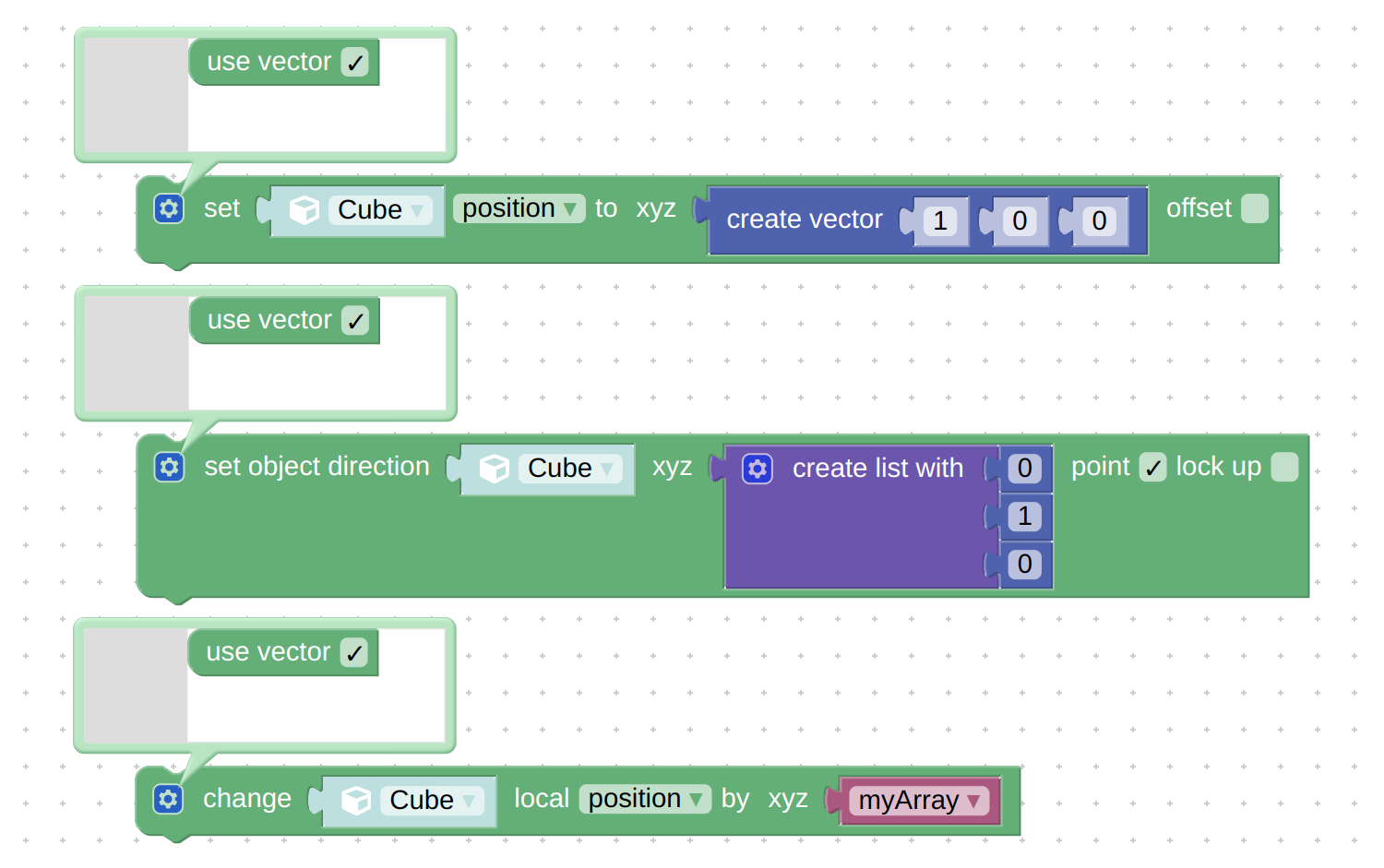 Puzzles set transform, set object direction, and change local transform now can accept Vector (or List) inputs as well.