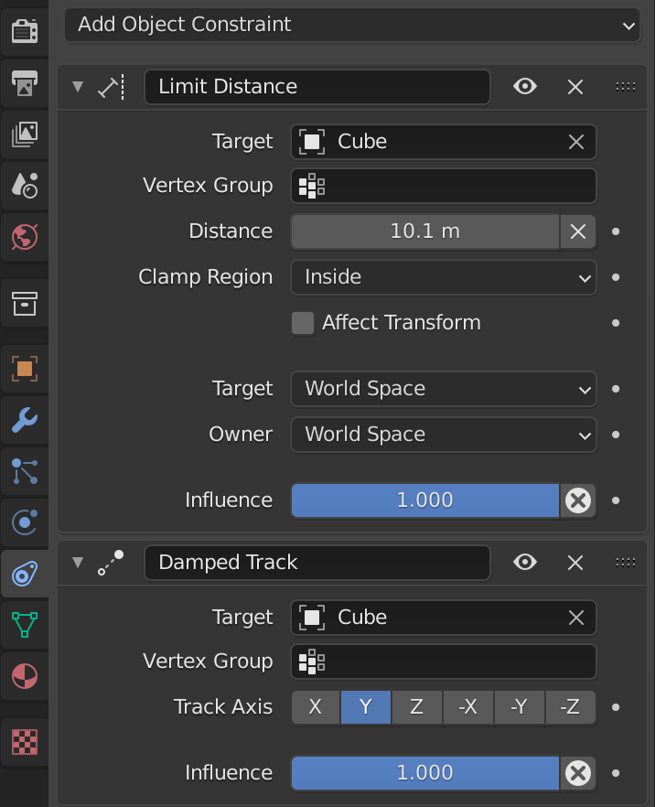 Limit Distance and Damped Track Blender constraints settings