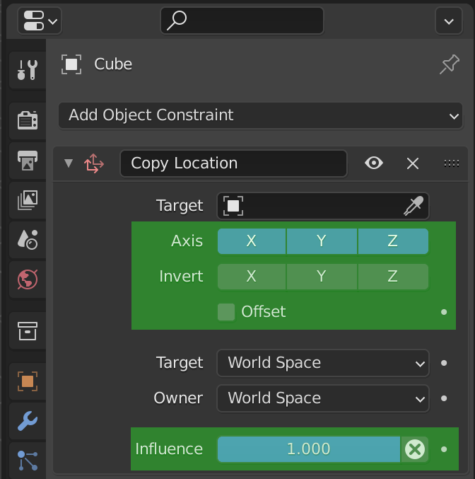 Copy Location Blender constraint settings