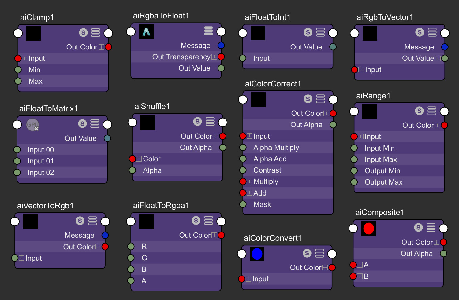 Maya newly supported nodes: aiFloatToInt, aiFloatToMatrix, aiFloatToRgba, aiRgbToVector, aiRgbaToFloat, aiVectorToRgb, aiClamp, aiColorConvert, aiComposite, aiRange, aiColorCorrect, aiShuffle, aiCheckerboard, aiImage, aiColorToFloat and aiTwoSided.