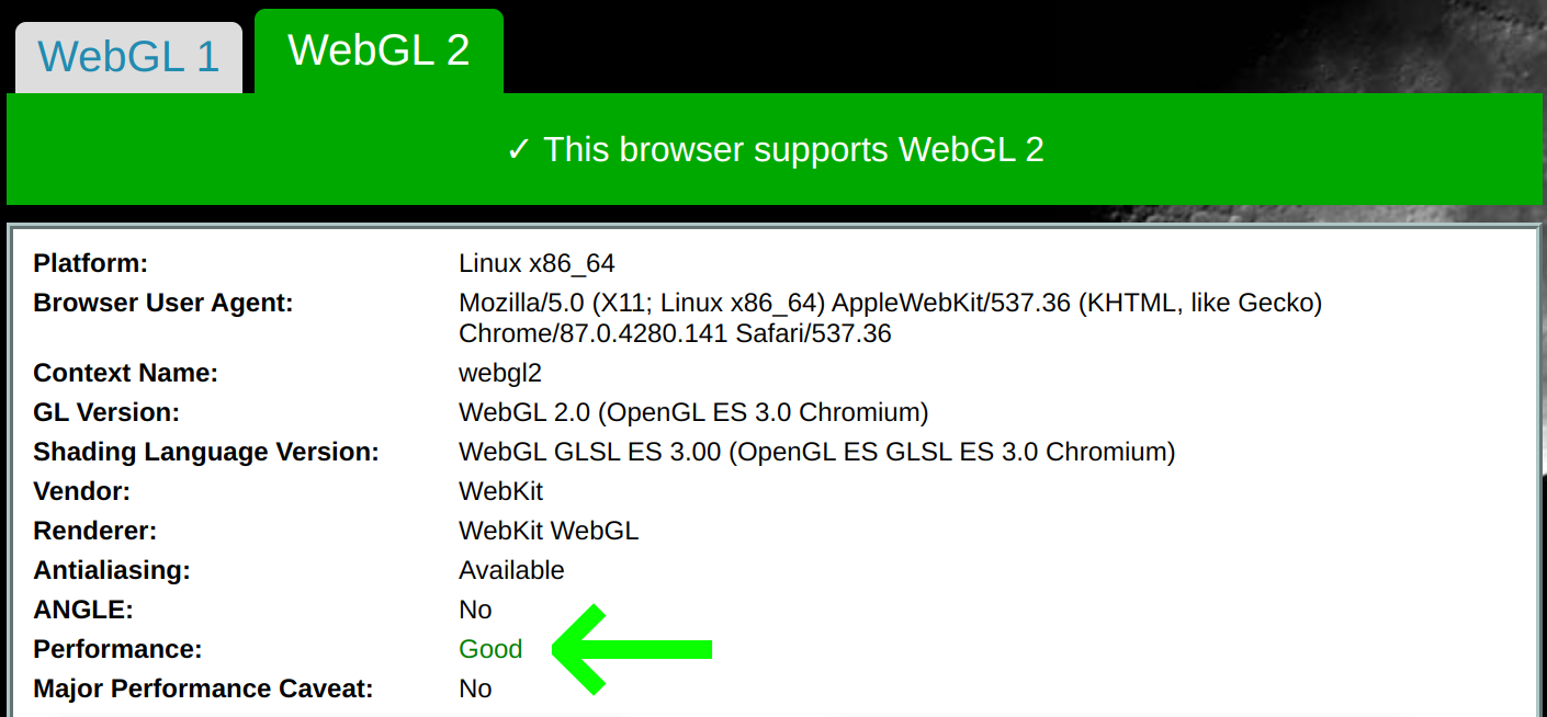 WebGL report page with performance benchmark output