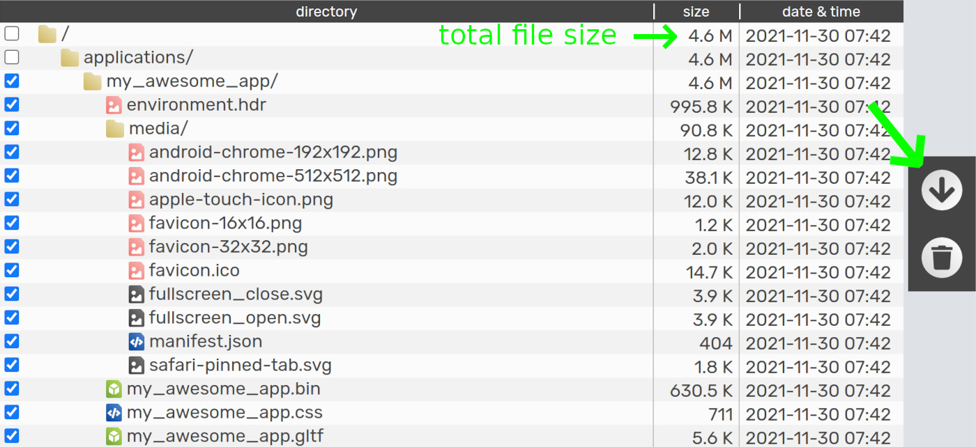 viewing and downloading files from Verge3D Network directory with the App Manager 