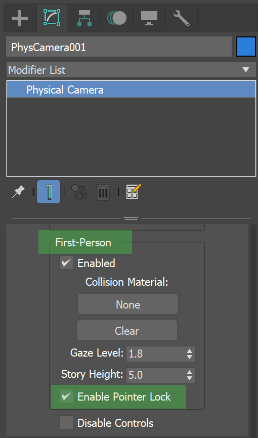 enabling pointer lock in 3ds Max settings for first-person camera