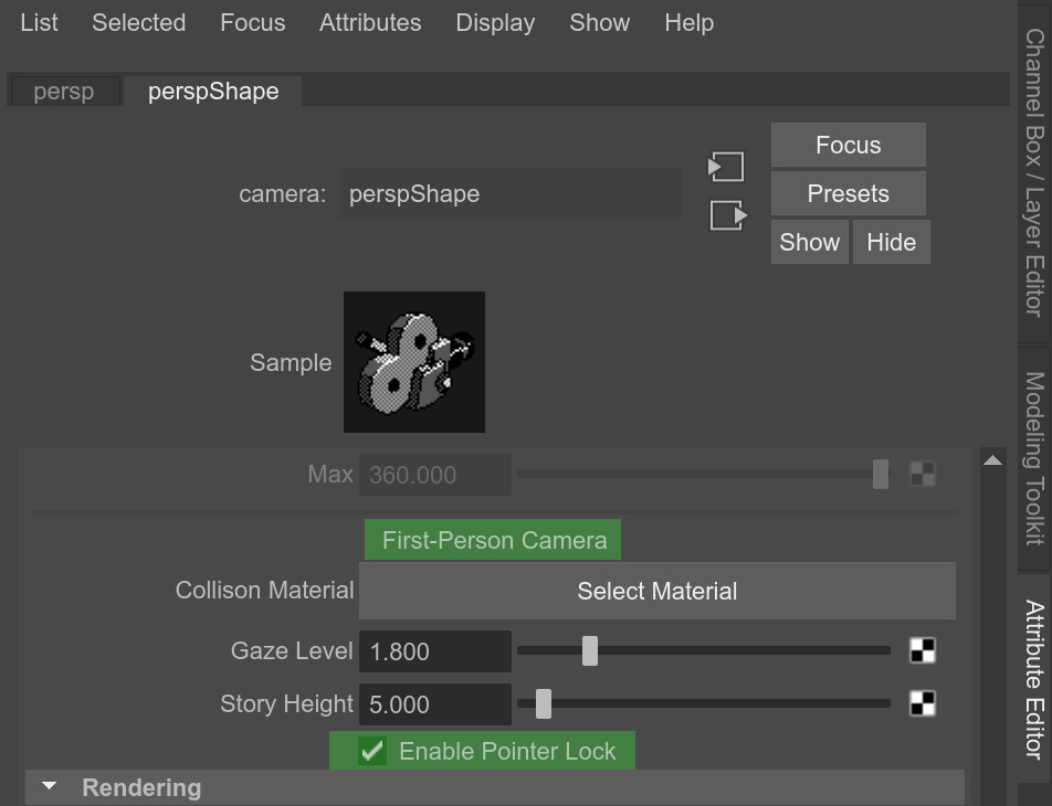 enabling pointer lock in Maya settings for first-person camera