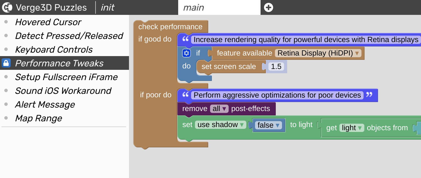 usage of Verge3D puzzle library entry performance tweaks  