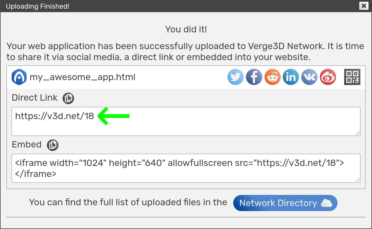 results of uploading to Verge3D Network with shortened URLs