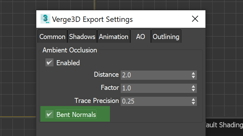 3ds Max to Verge3D export settings: bent normals option for ambient occlusion 