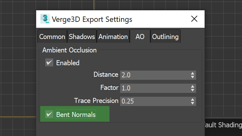 3ds Max to Verge3D export settings: bent normals option for ambient occlusion