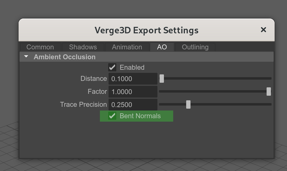 Maya to Verge3D export settings: bent normals option for ambient occlusion 