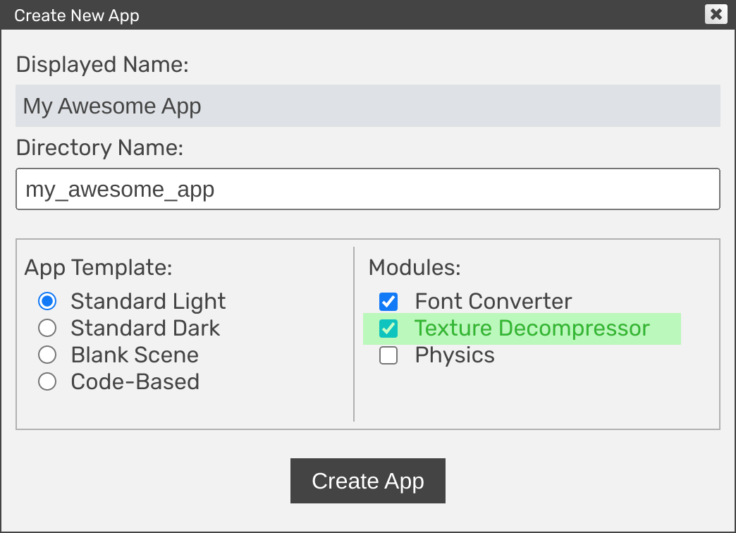 Verge3D App Manager - create new app with texture compression