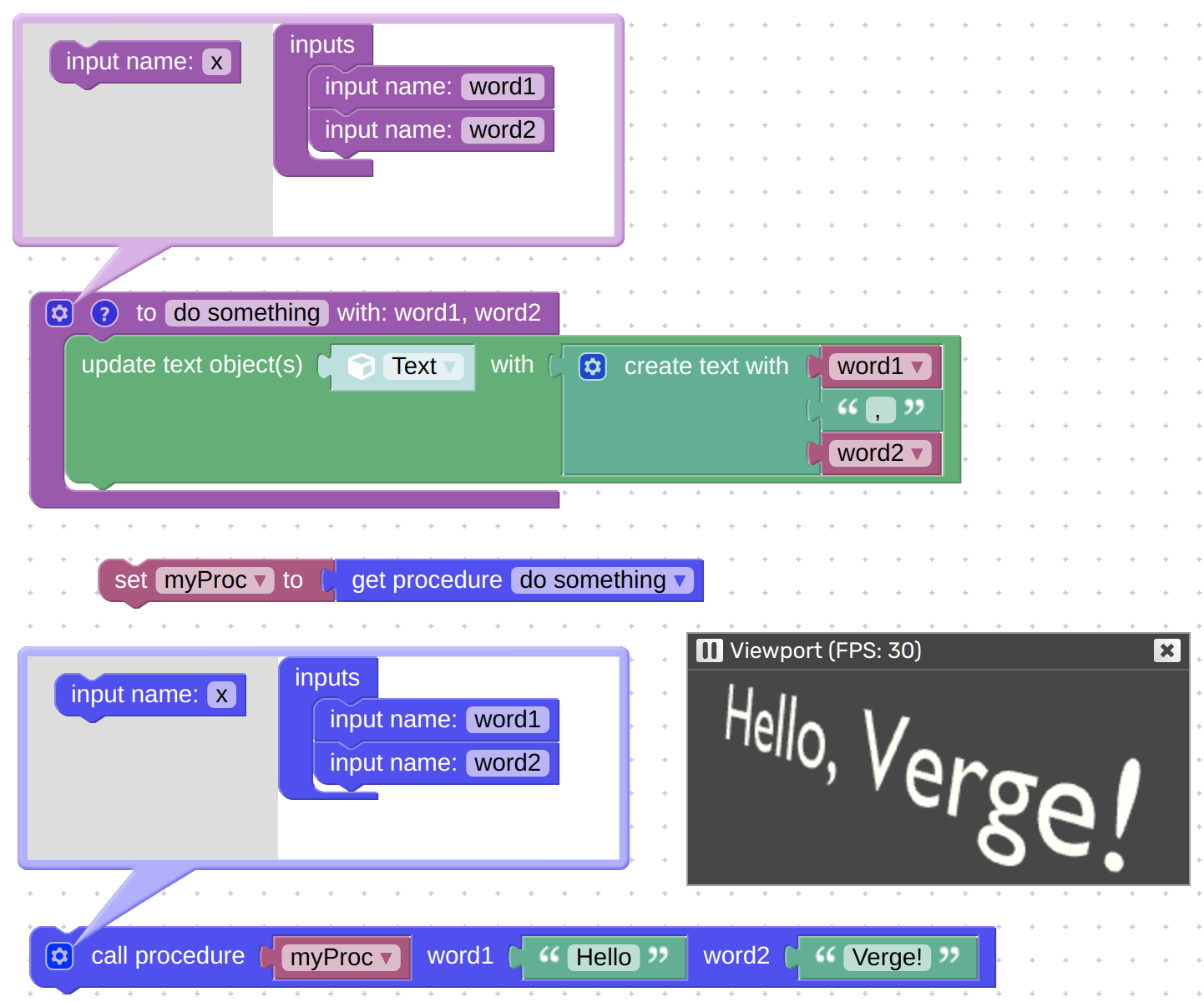 Verge3D Puzzles - get procedure and call procedure