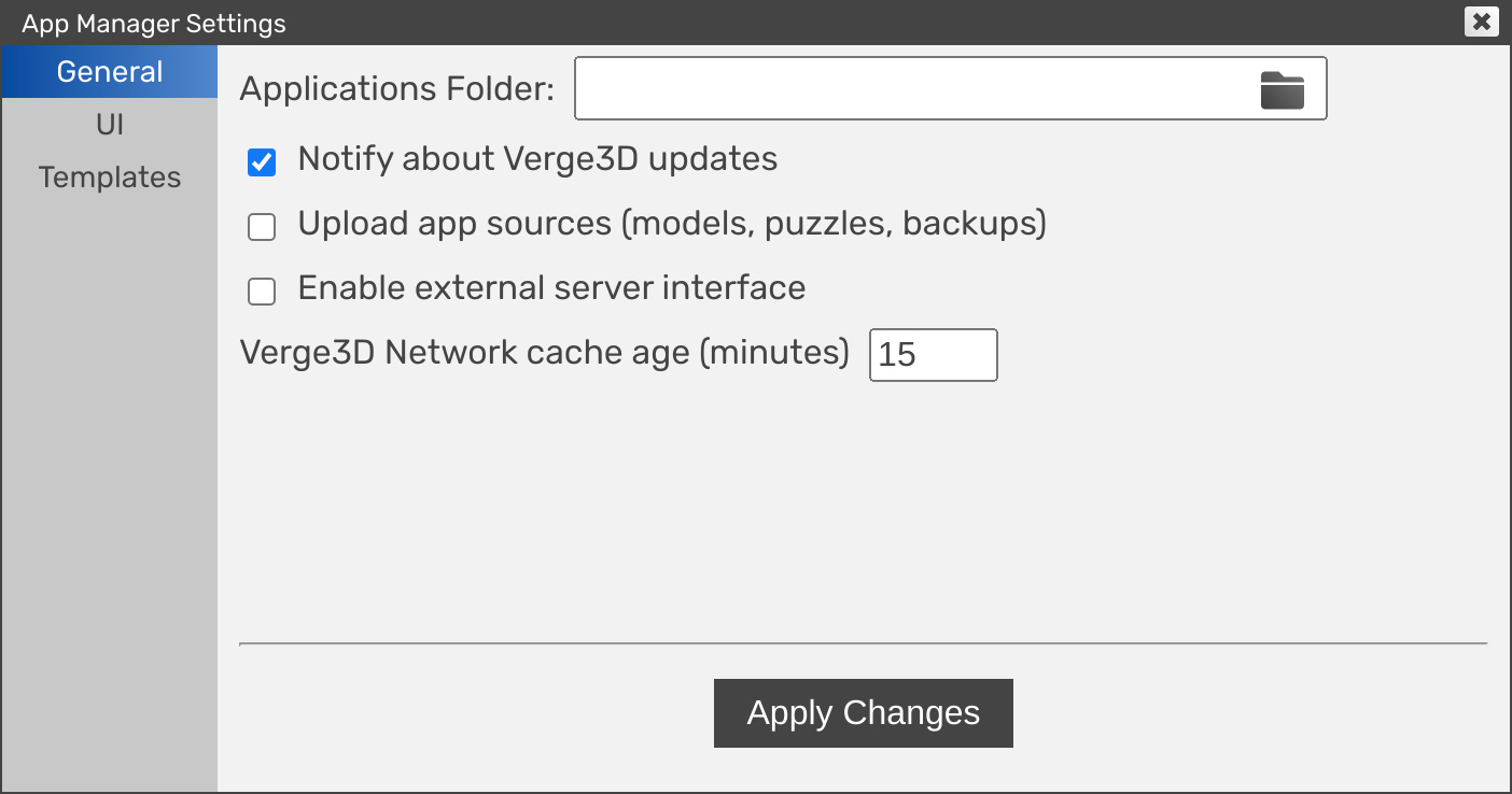 Verge3D App Manager - settings UI