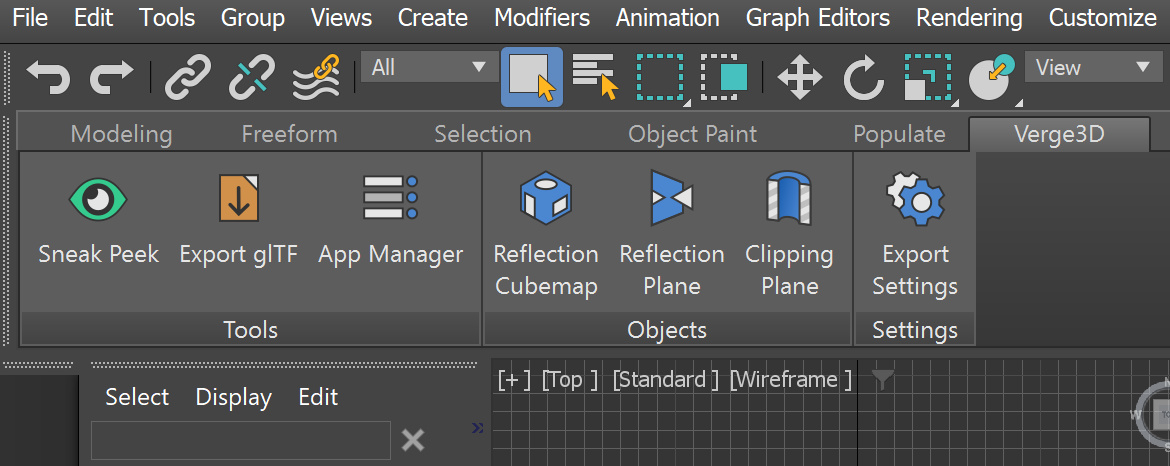 verge3d panel in 3ds Max ribbon