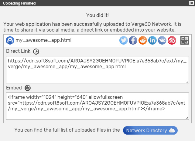 Dialog with links to the uploaded WebGL application