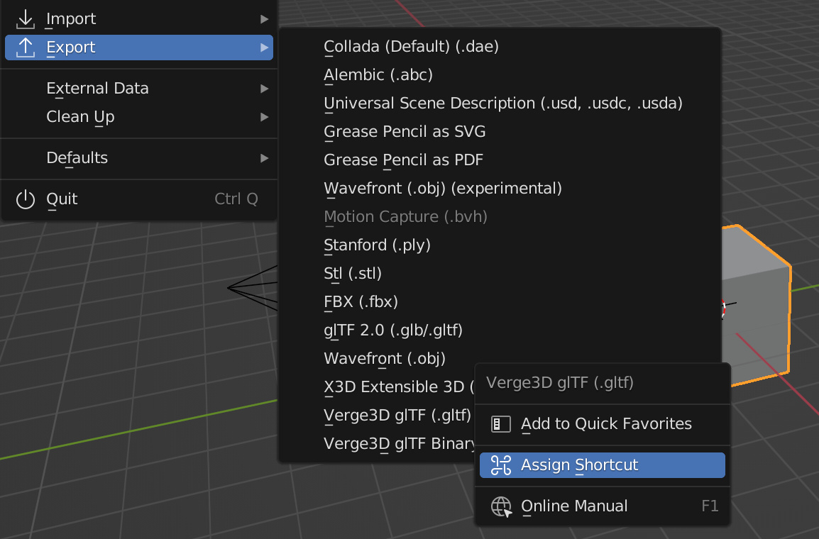 assigning hot-keys for Verge3D settings in Blender