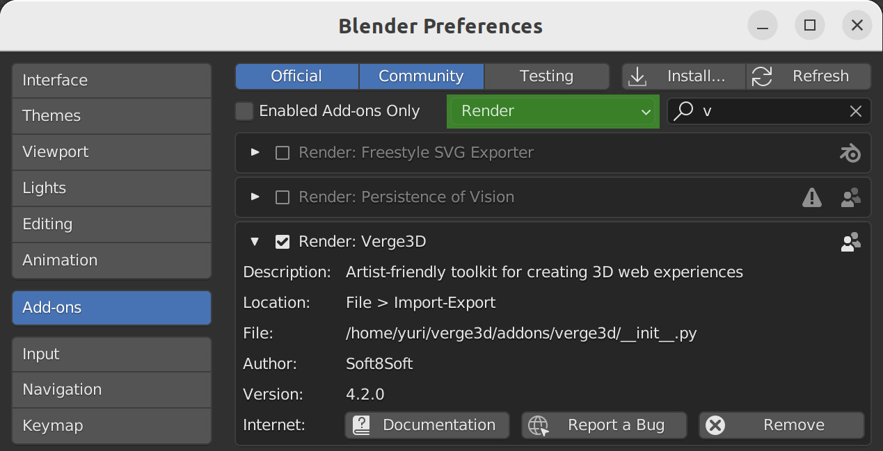 Verge3D addon settings in Blender