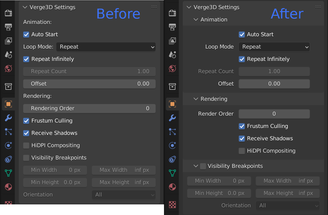 restructured interface for Verge3D settings in Blender 