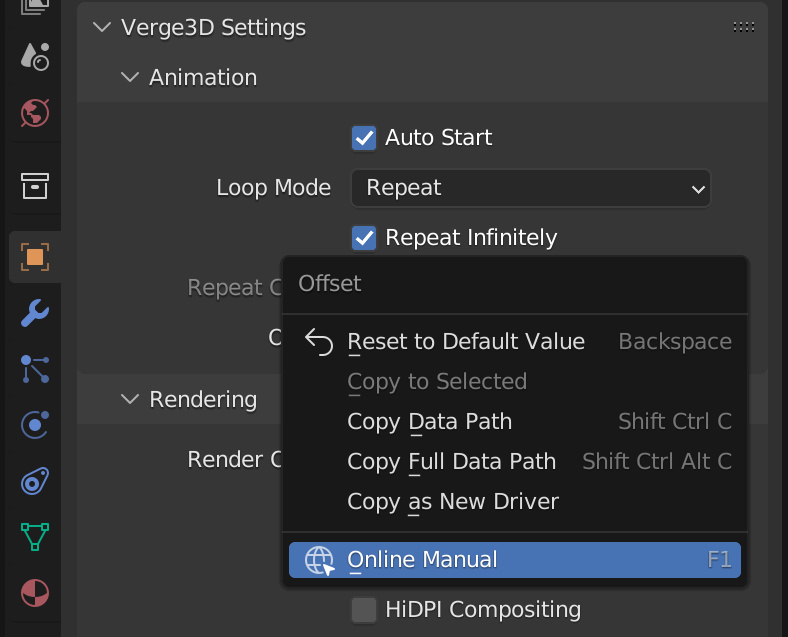 right-click menu for Verge3D settings in Blender