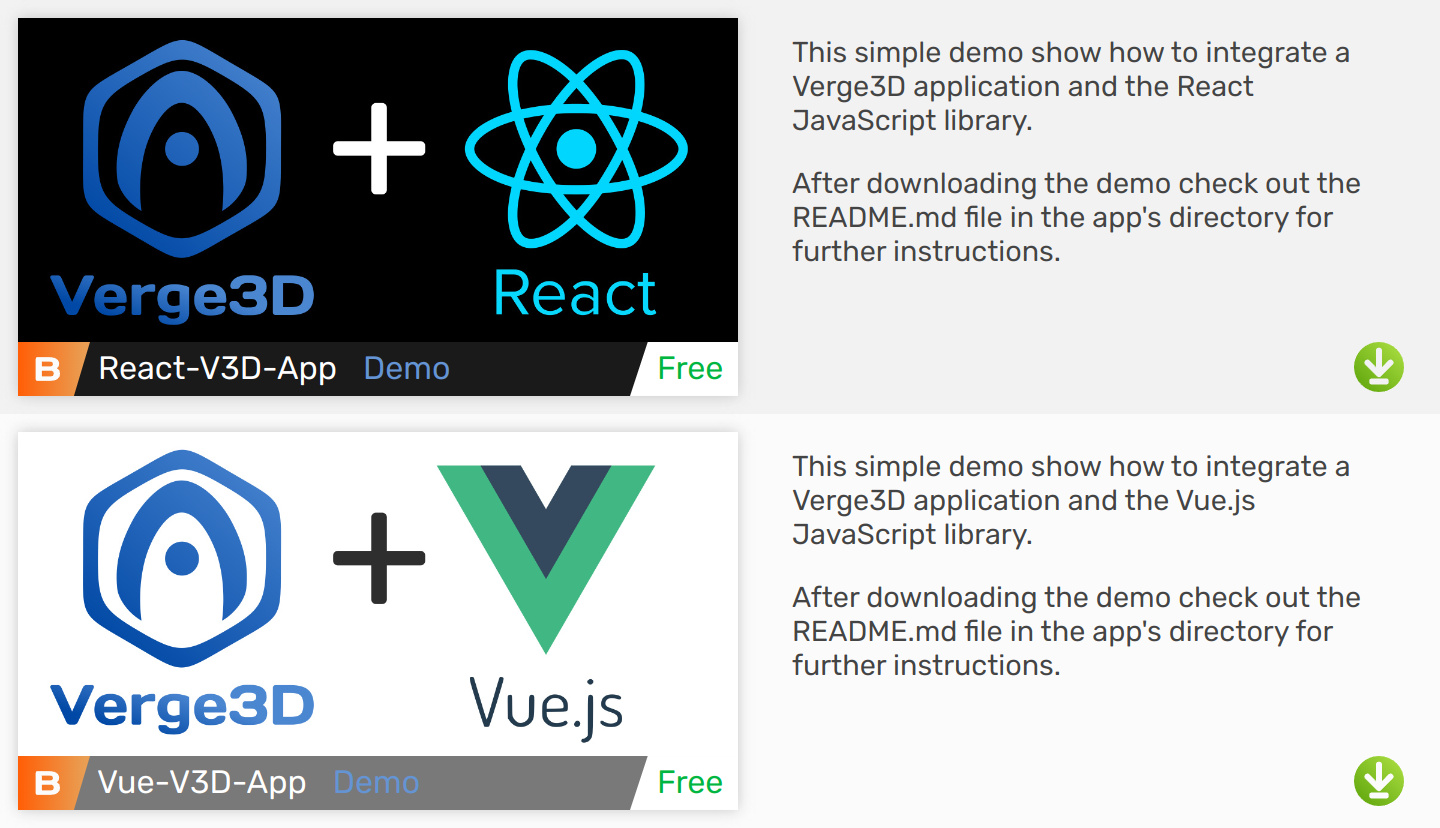 react and vue.js examples in verge3d asset store