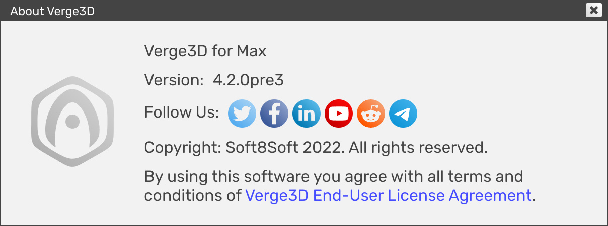 verge3d app manager about window - 3ds max version