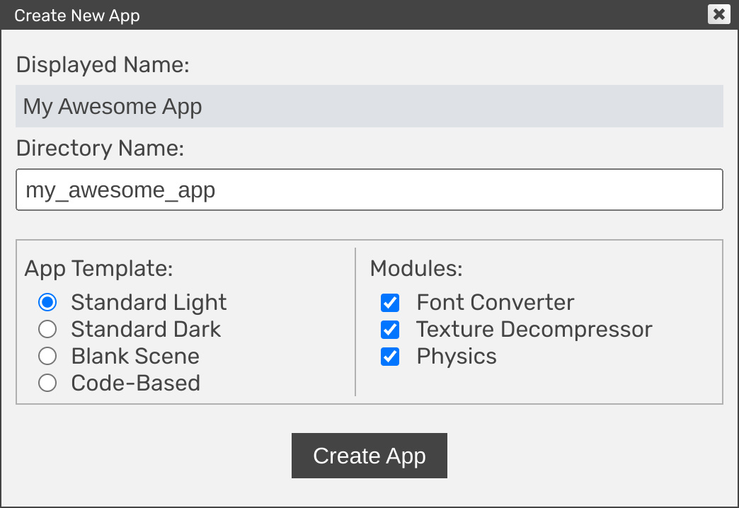 verge3d app manager create new app window (verge3d for maya)