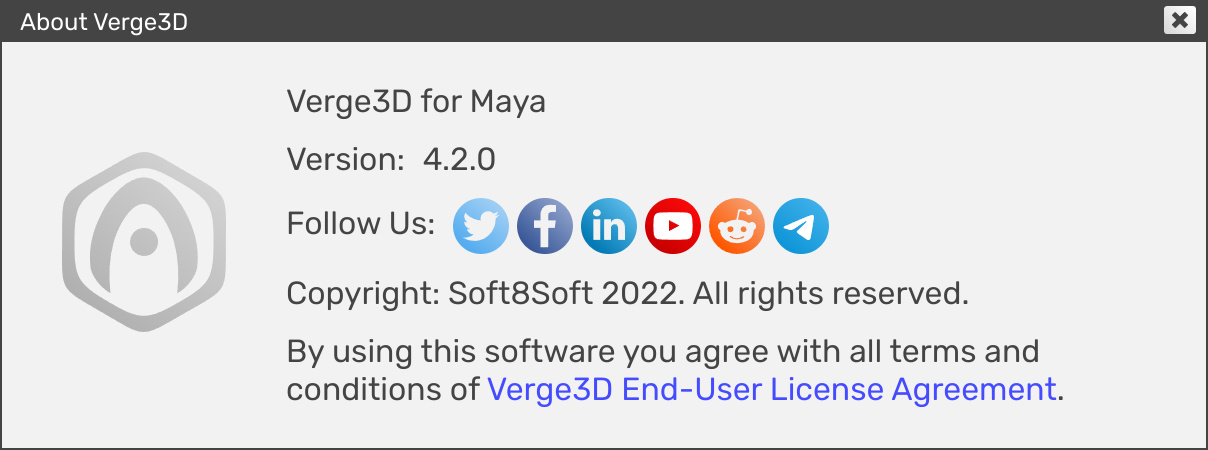 verge3d app manager about window - maya version